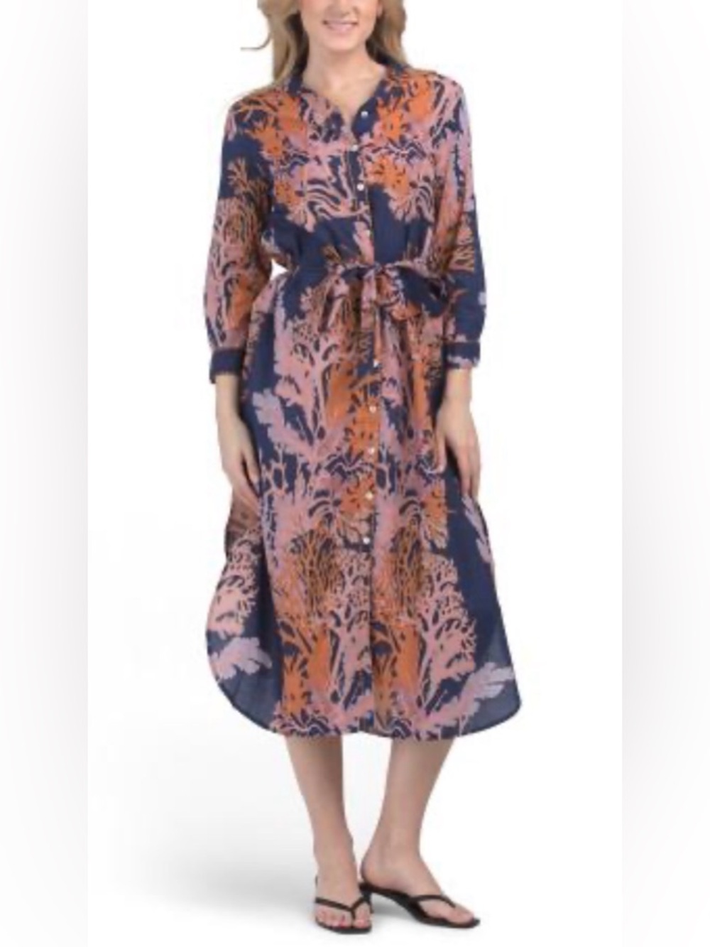 NWT Printed Long Sleeve Shirt Dress - Navy & Coral